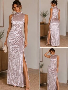 Blush Crushed Velvet Ruched Side Slit Maxi Dress | Formal Evening Gown